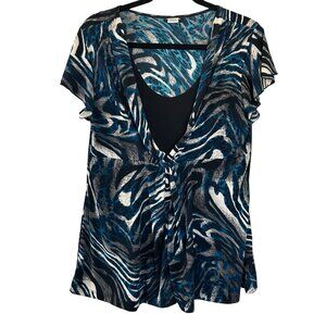 Perception Women Black & Blue Abstract Print Short-Sleeve Tie-Front Tunic Top 1X